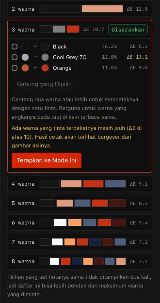 Panel saran palet: pilihan 2 sampai 8 tinta dengan nilai ΔE, satu pilihan bertanda Disarankan.