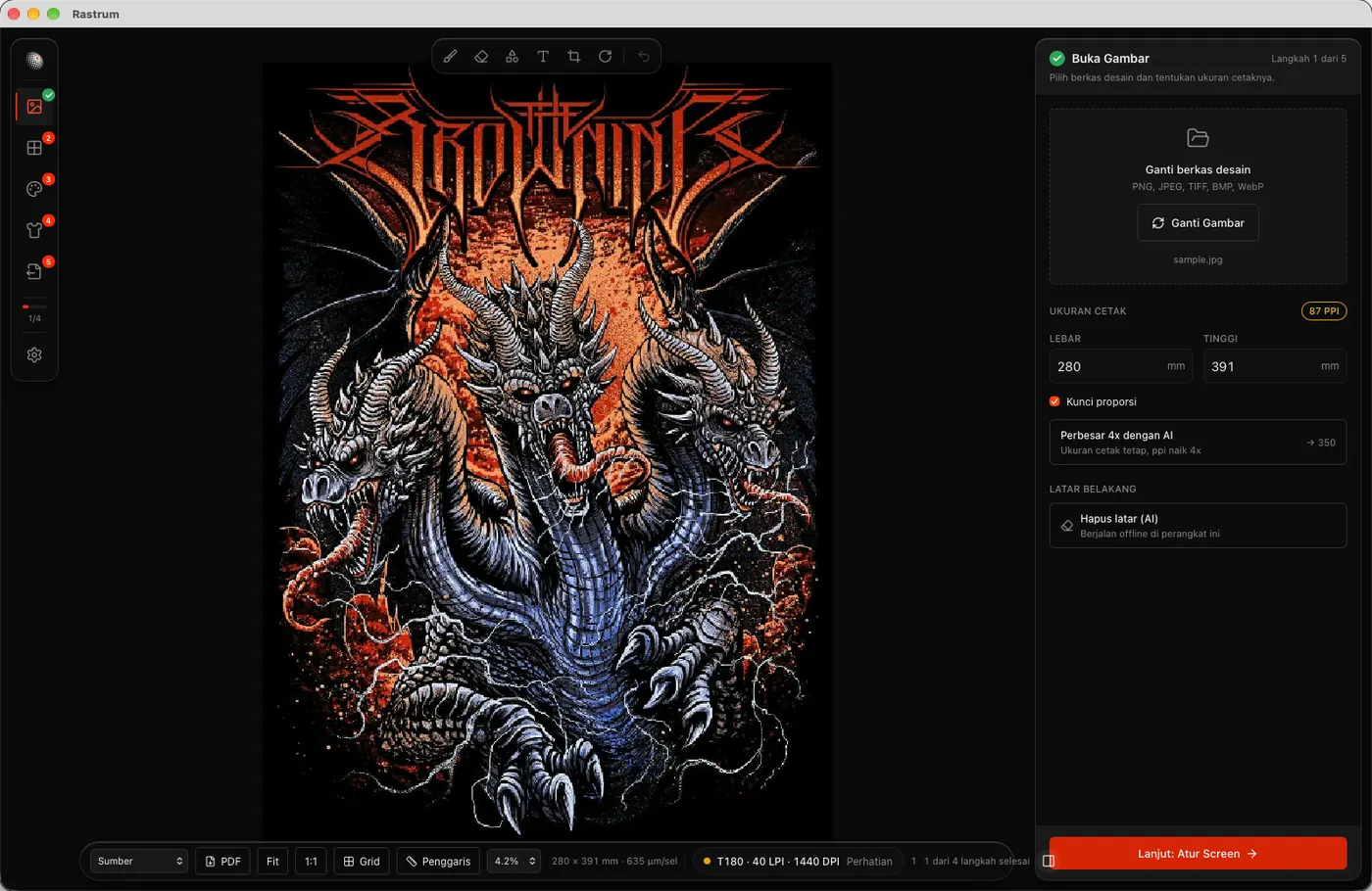 Langkah Buka Gambar: artwork naga di kanvas, ukuran cetak, dan kartu Perbesar 4x dengan AI serta Hapus latar (AI).