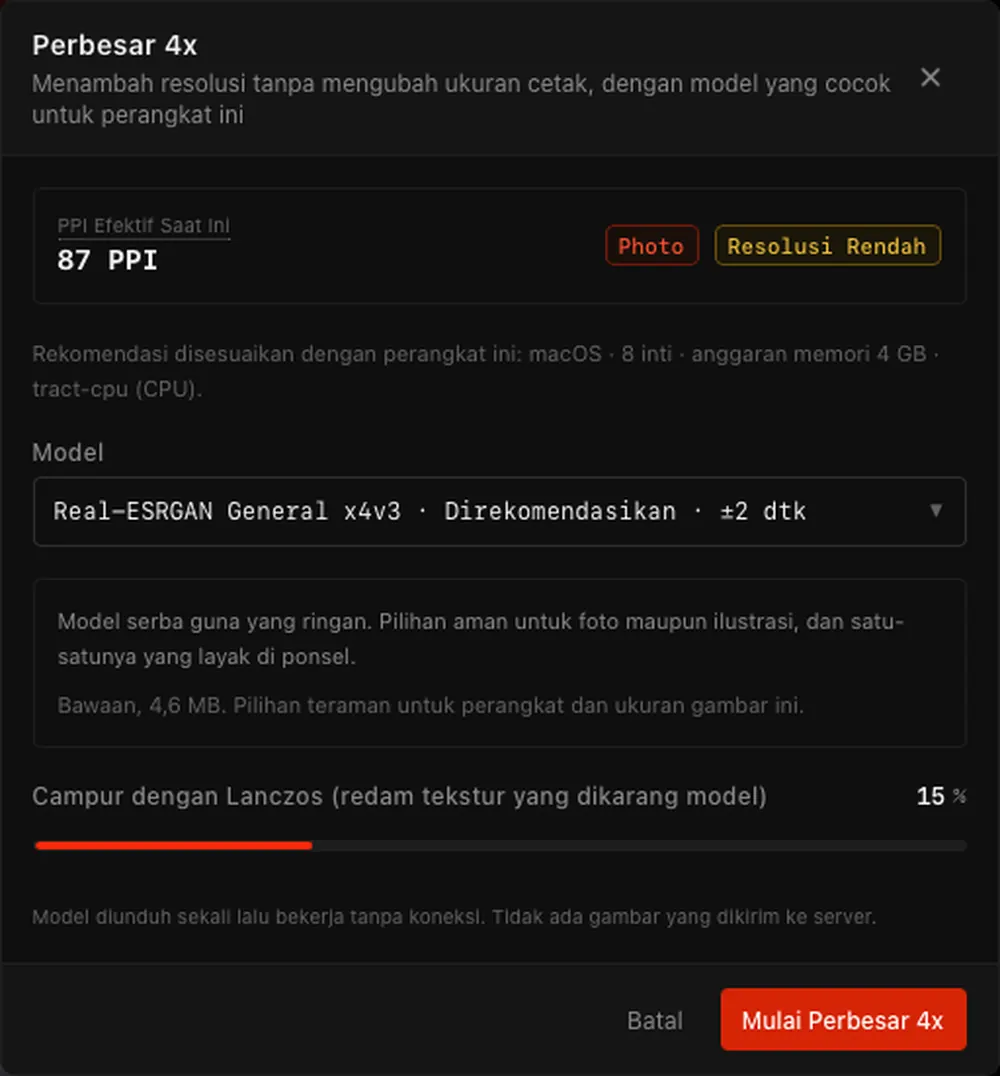 Dialog Perbesar 4x: model Real-ESRGAN direkomendasikan untuk perangkat ini.