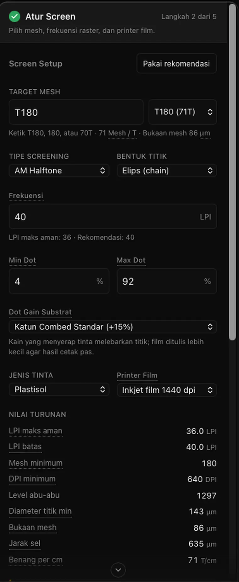 Panel Atur Screen: nilai turunan seperti LPI aman, mesh minimum, DPI minimum, dan kurva kompensasi dot gain.