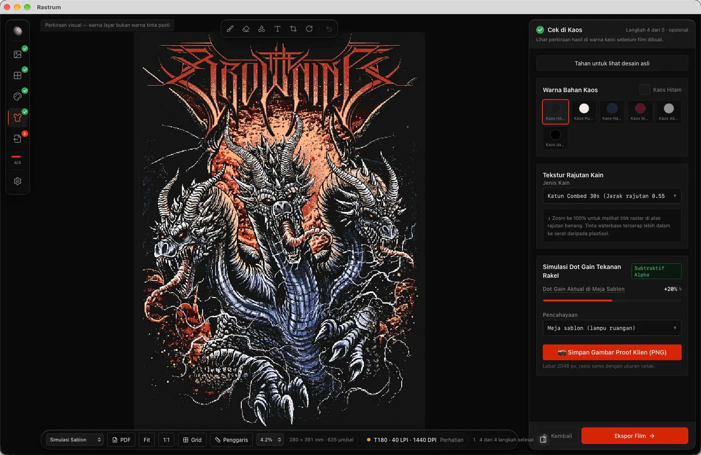 Langkah Cek di Kaos: artwork naga disimulasikan di kaos hitam dengan pilihan kain, dot gain, dan pencahayaan.